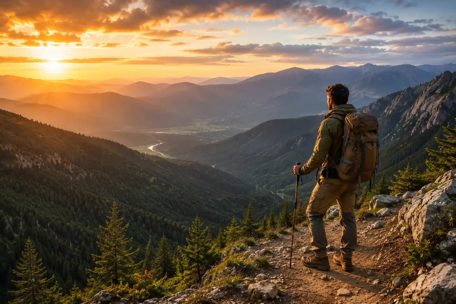 Adventure hiker exploring scenic mountain trails during sunset