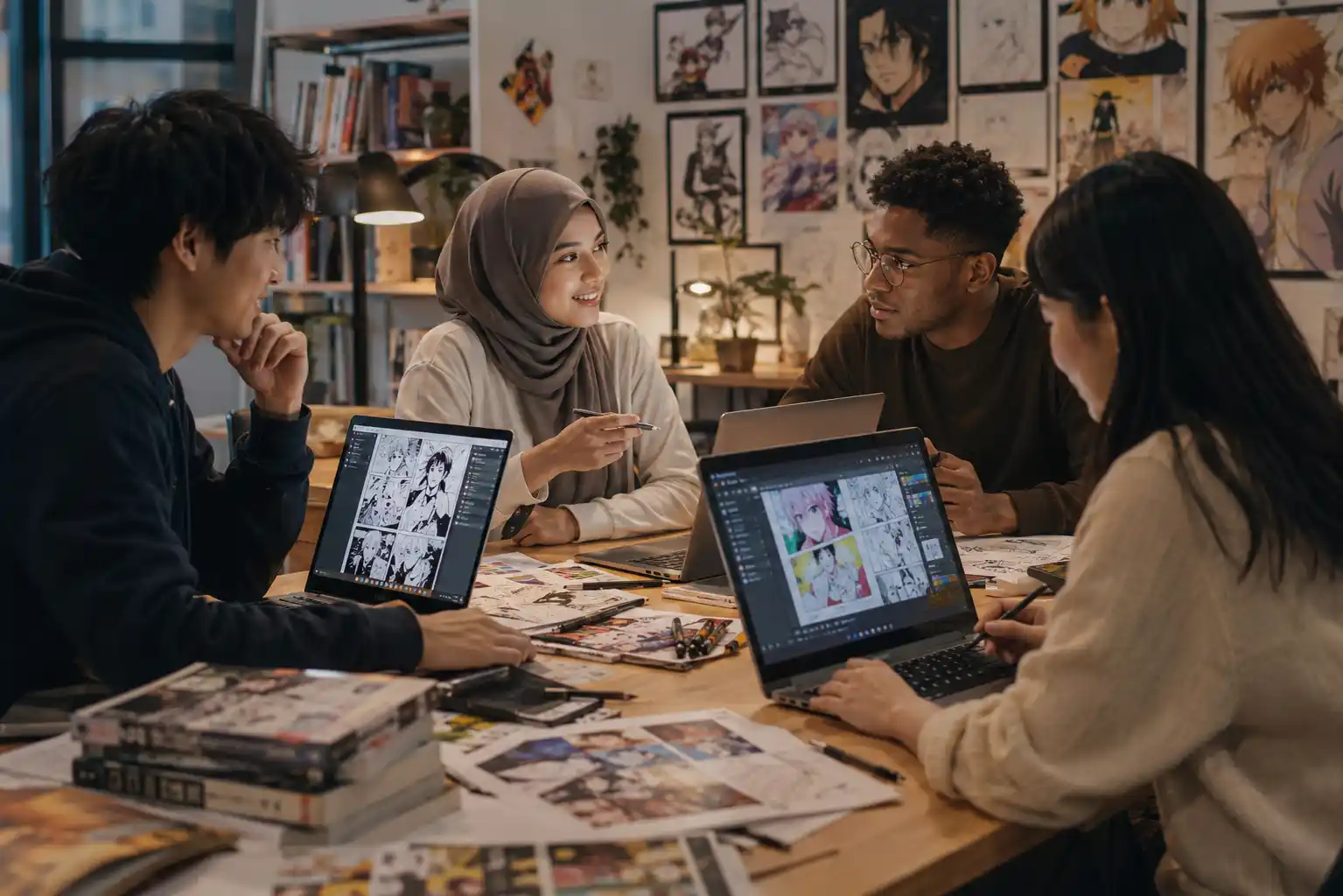 Creative manga translation team working together on storytelling projects