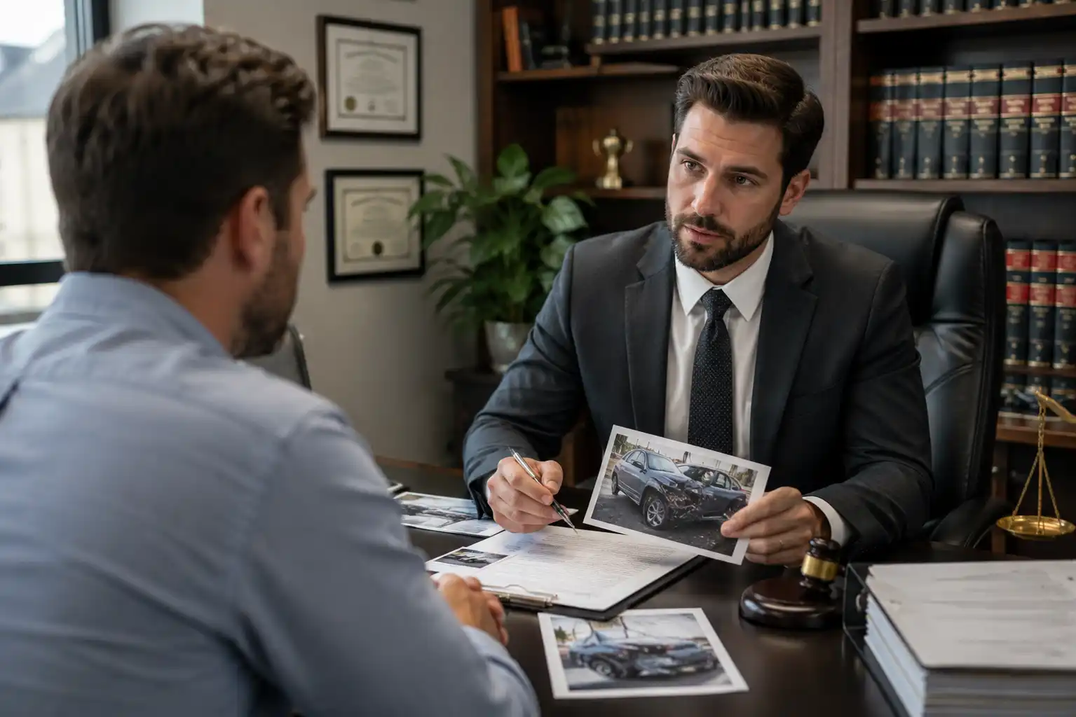 Personal injury lawyer discussing a car accident case with a client