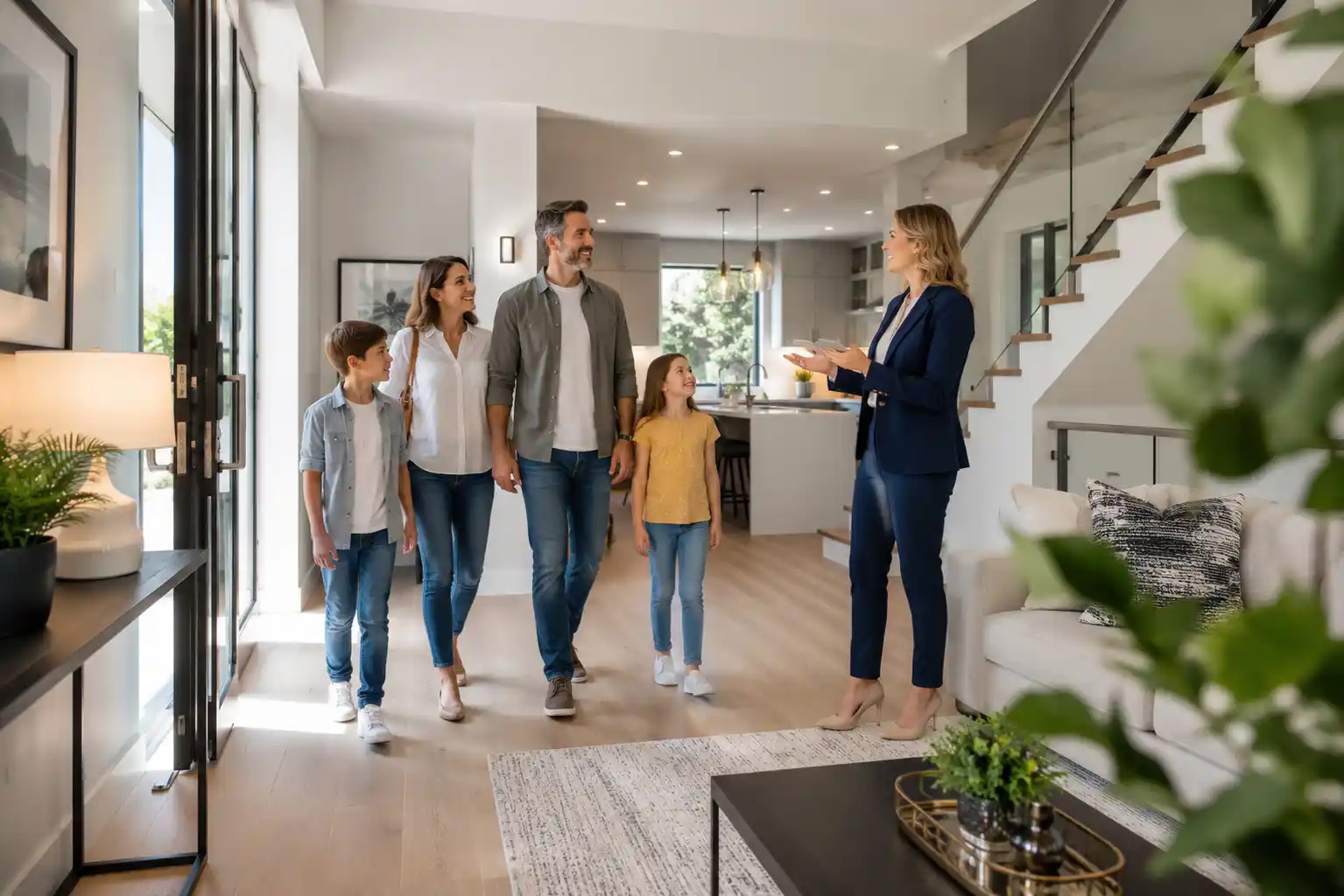 Family and real estate agent viewing a modern dream home
