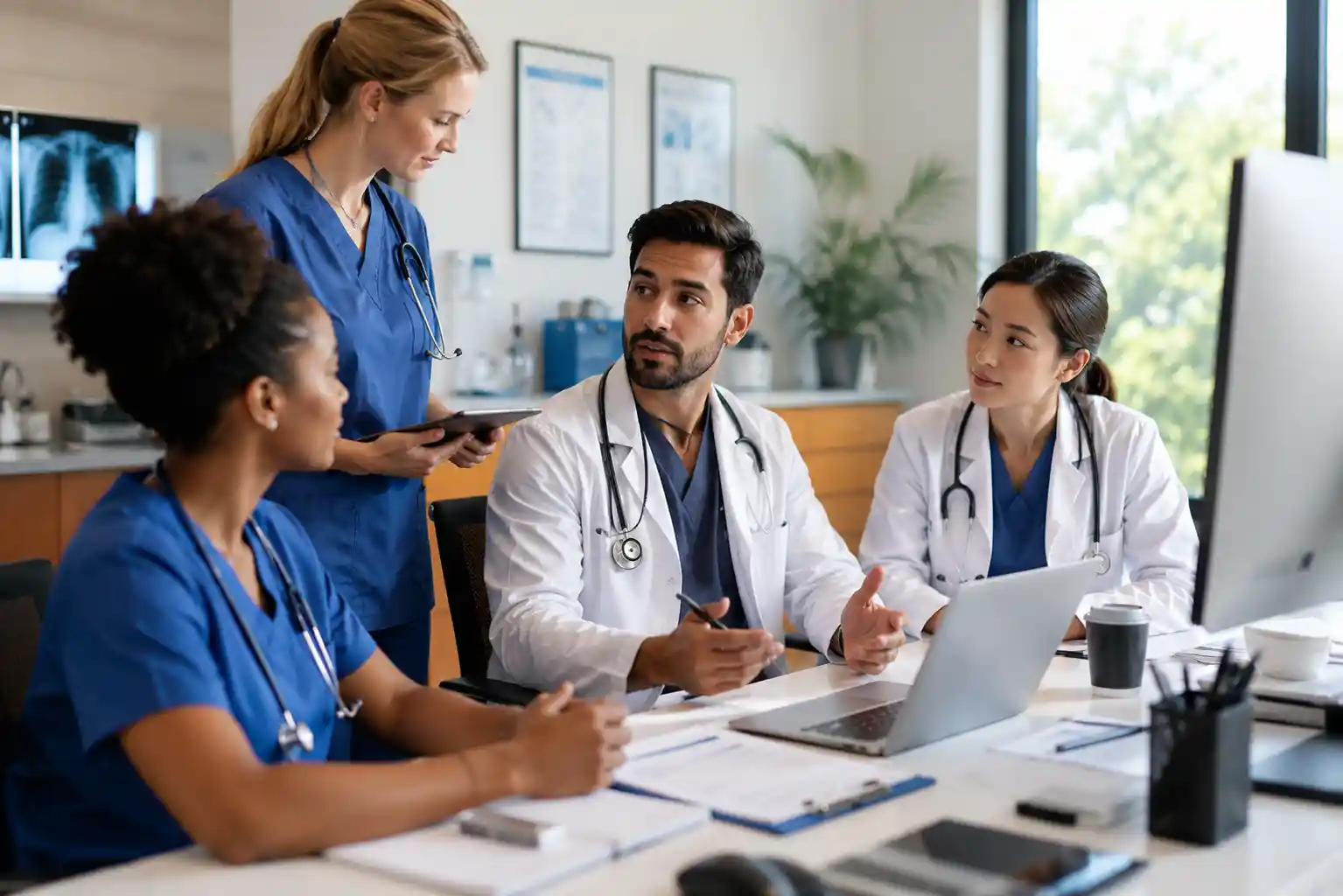 Physicians and nurse practitioners working together in a modern healthcare clinic