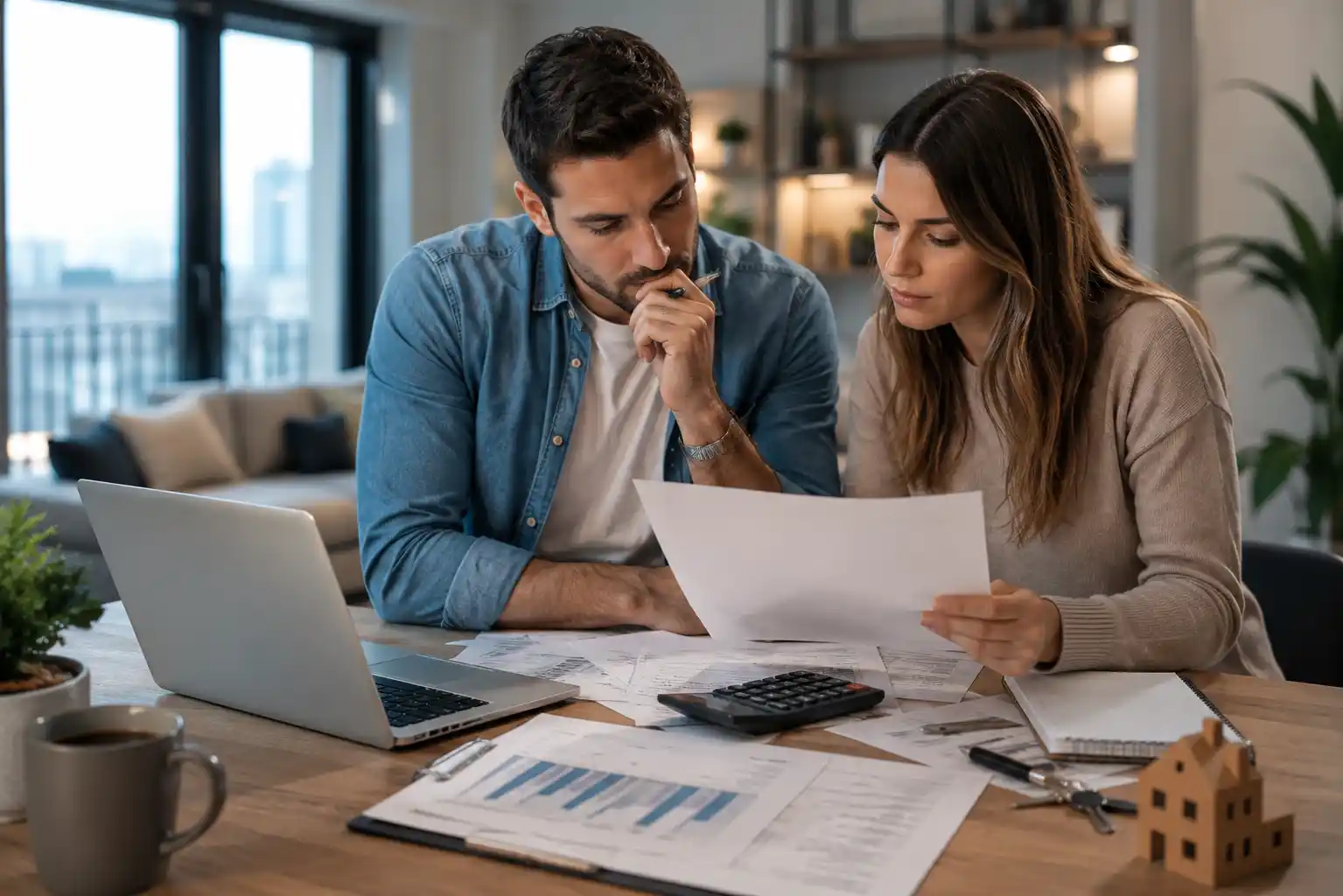 Couple calculating hidden expenses before buying their first home