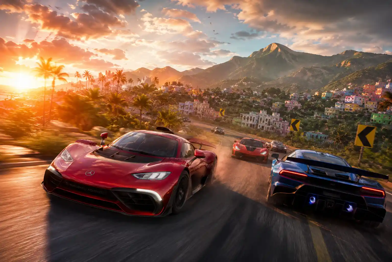 High-speed supercars racing in a Forza Horizon 5 inspired open-world environment