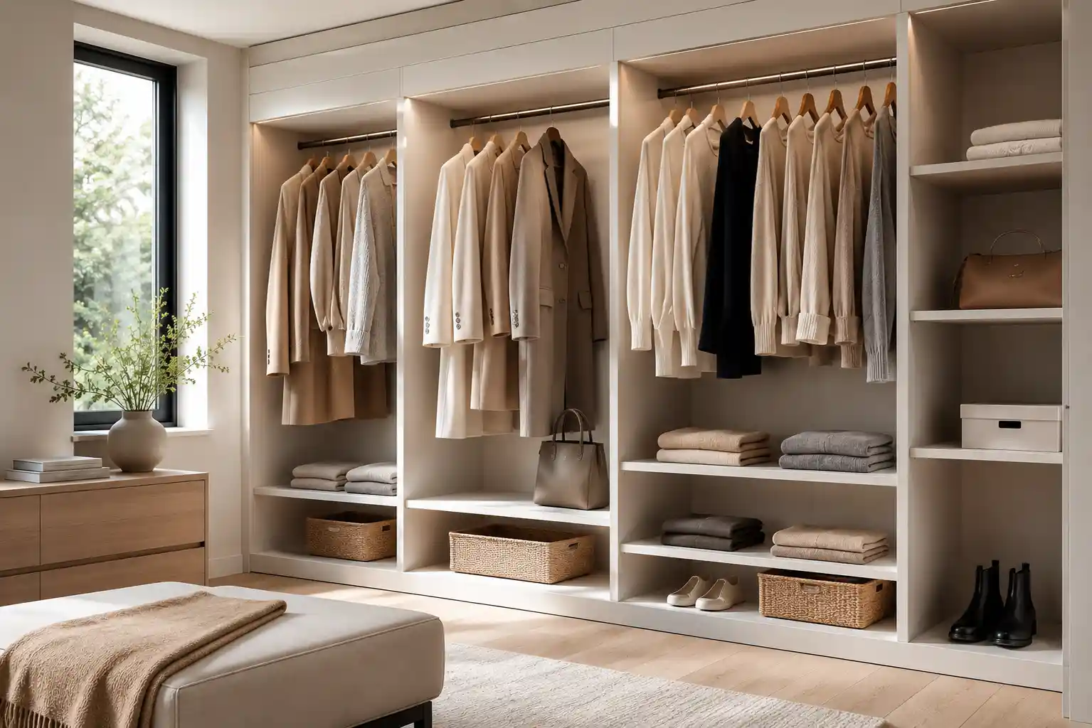 Modern minimalist wardrobe with timeless clothing and sustainable fashion pieces