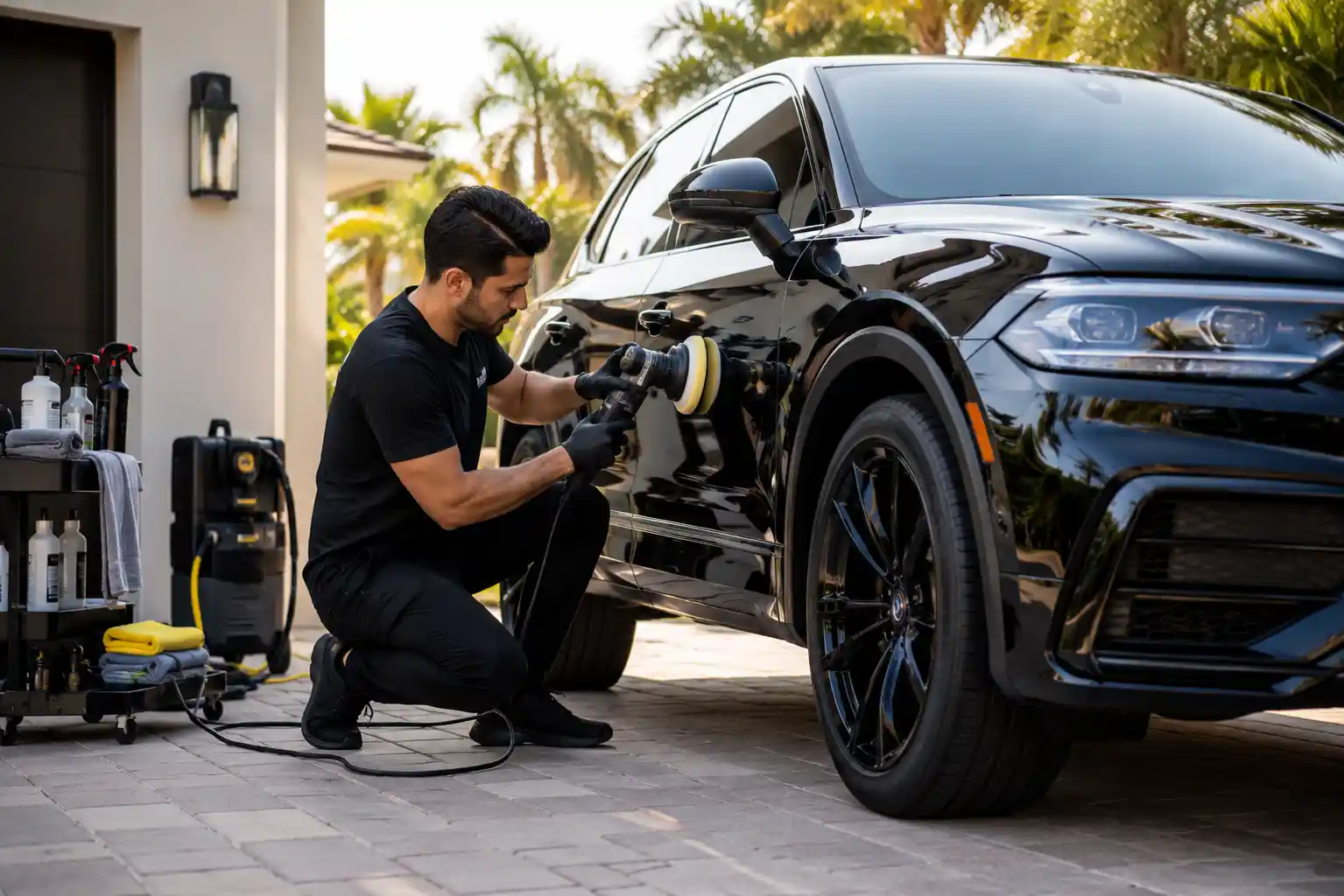 Mobile car detailing expert cleaning and polishing a luxury vehicle at home