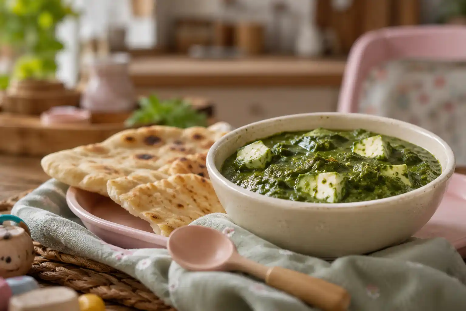 Healthy homemade Palak Paneer meal for toddlers with spinach and cottage cheese