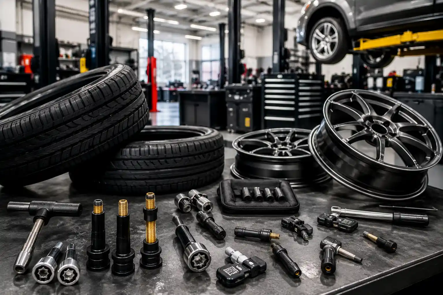 Modern automotive workshop with tires, wheel lock keys, and premium vehicle parts