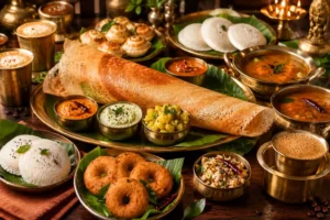 Traditional South Indian dishes including dosa, idli, and filter coffee