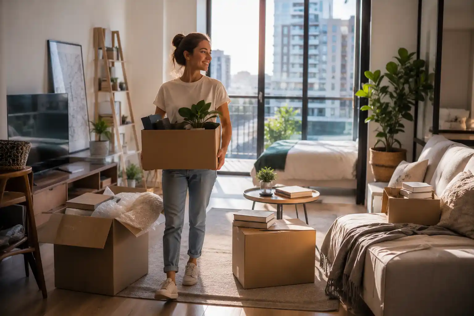 Young renter organizing belongings in a modern first apartment