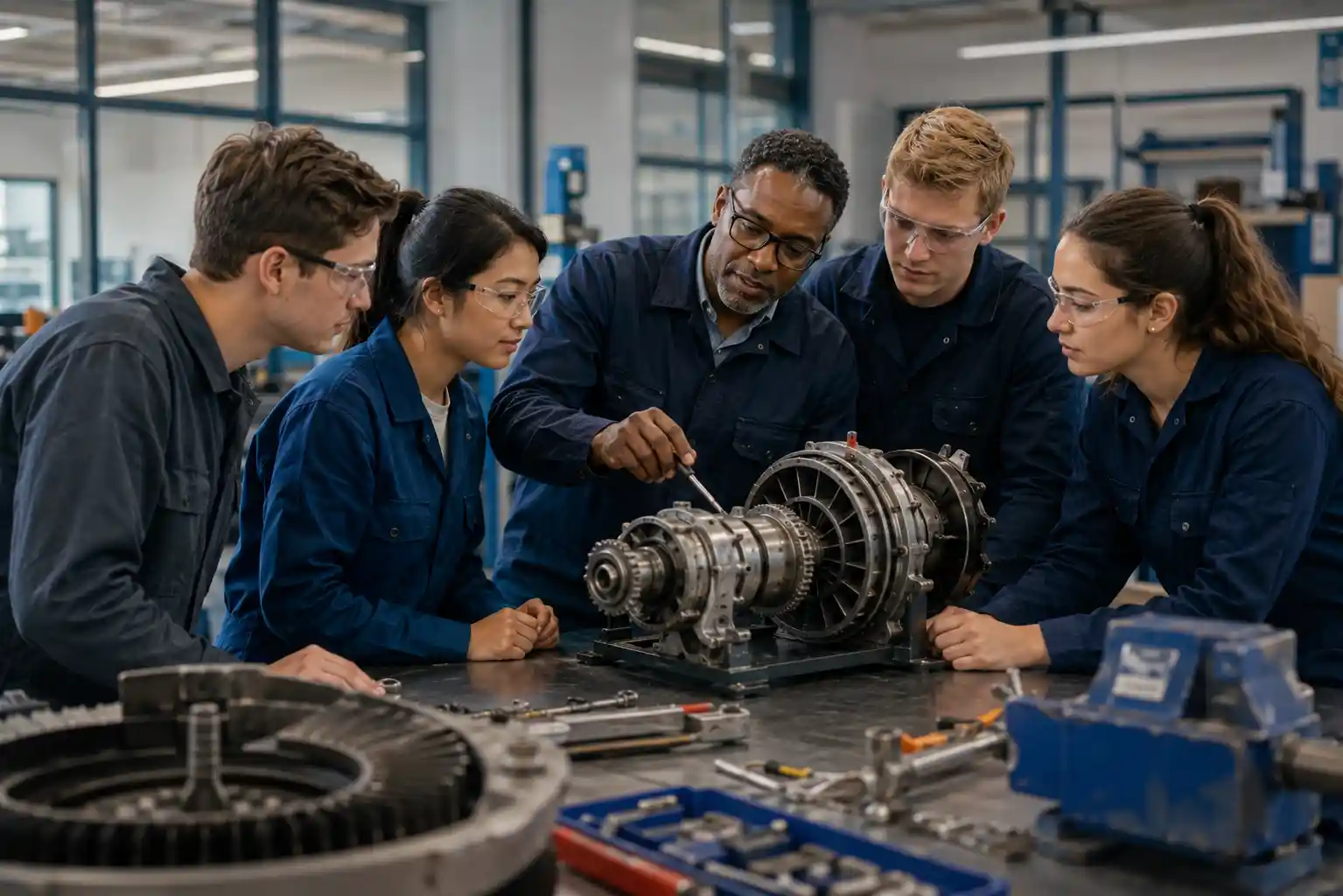 Students learning technical skills in a modern vocational training workshop