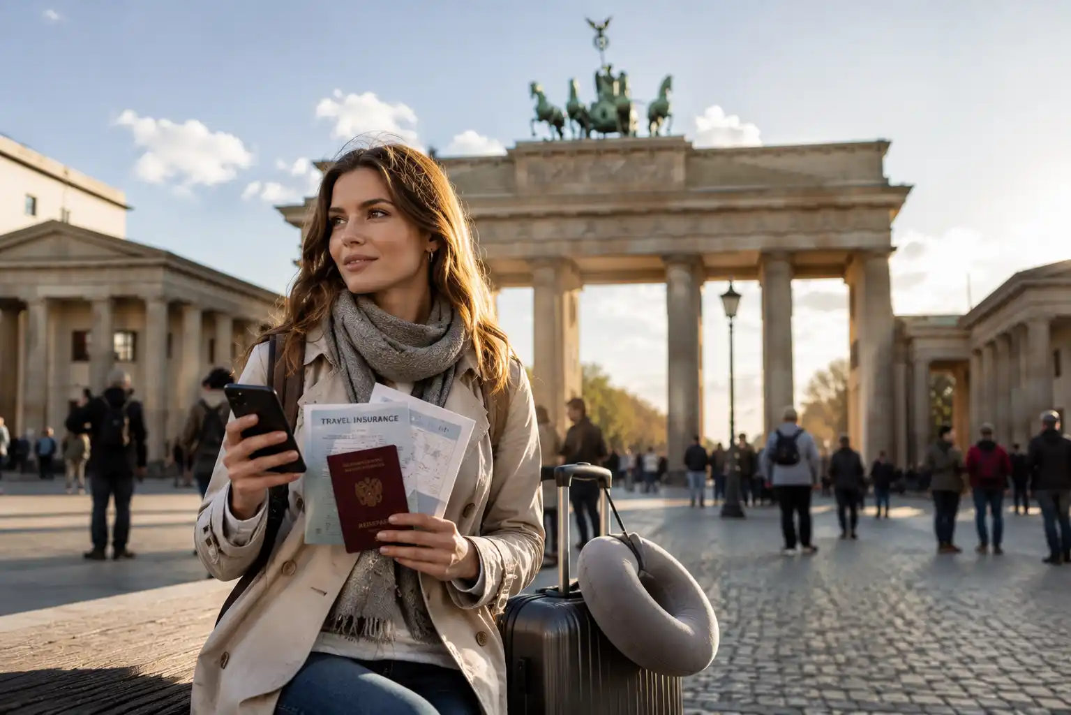 International traveler in Germany with luggage and travel insurance documents