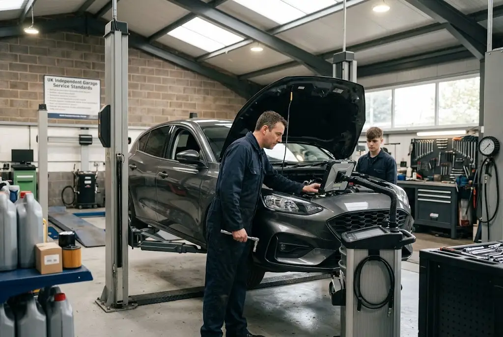 Ford service inspection at a professional UK automotive workshop