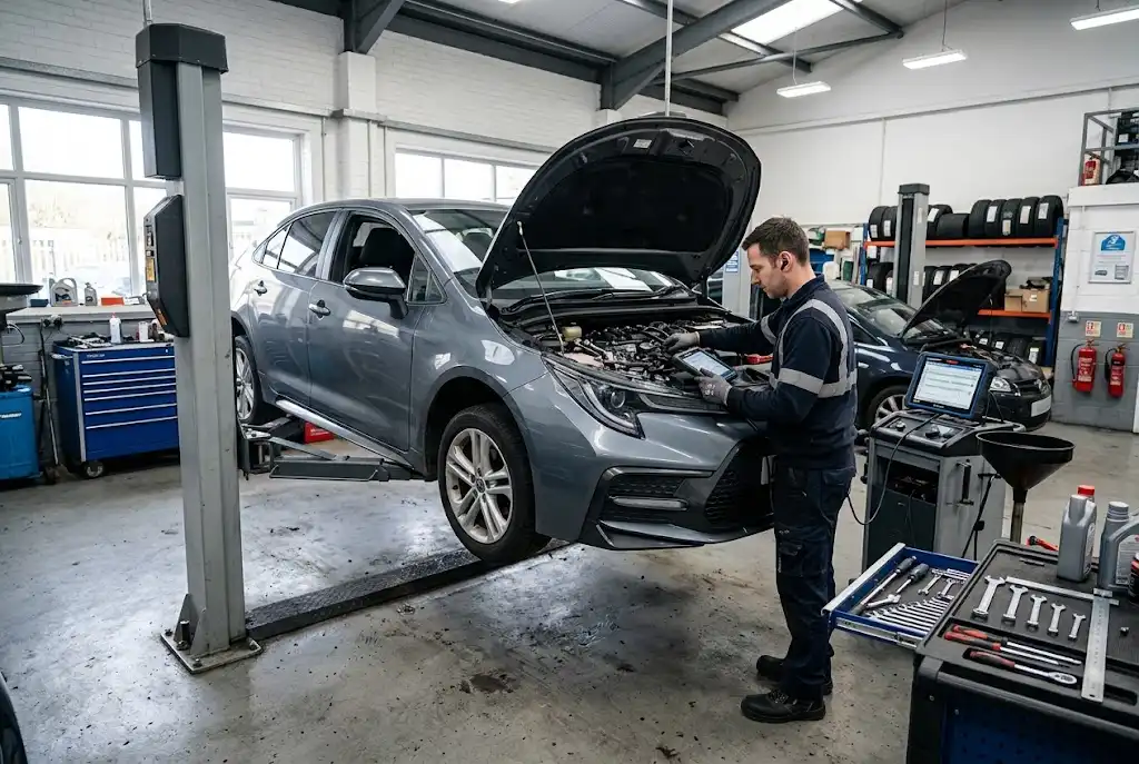 Toyota service inspection in a professional UK workshop