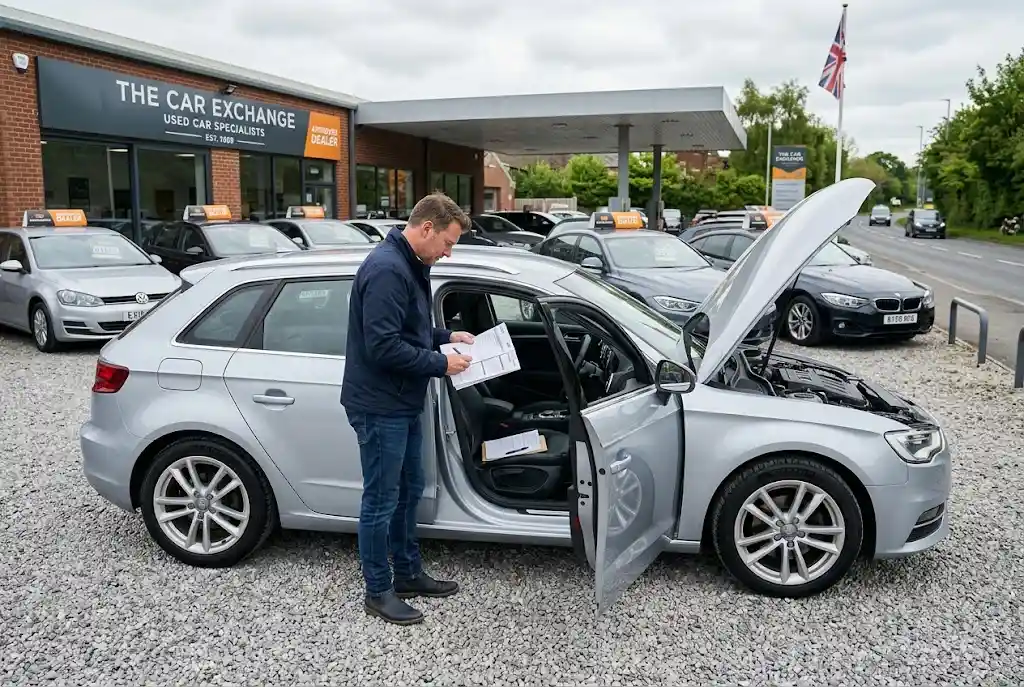 Used cars buyer inspecting a second-hand vehicle in the UK