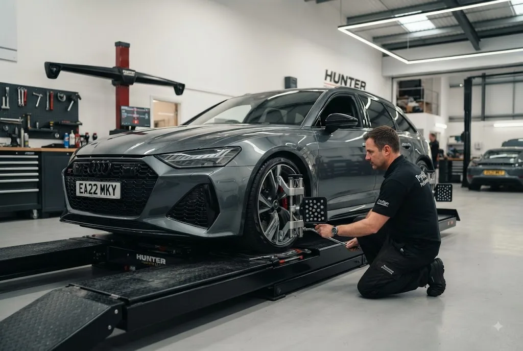 Wheel alignment being checked on a car at a UK automotive workshop