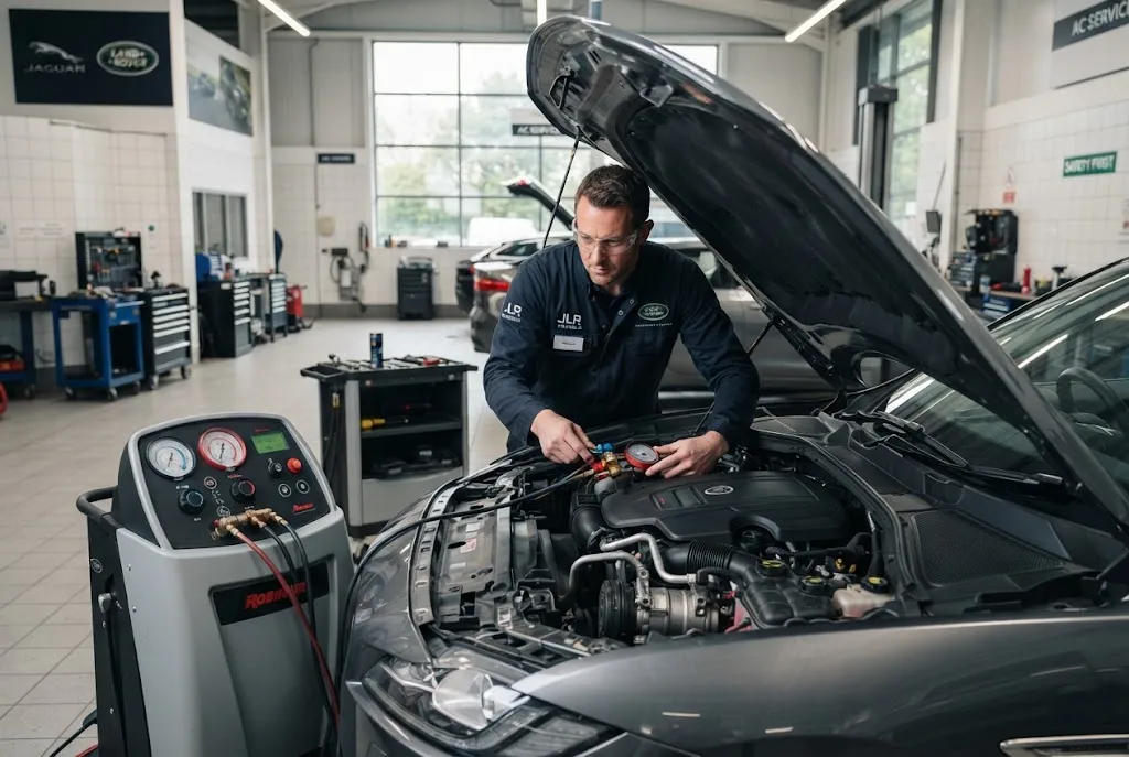 Auto air conditioning service performed by a professional technician in a UK garage