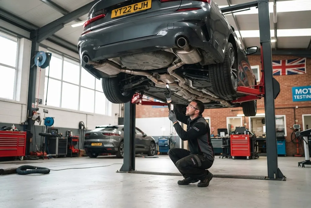 Auto exhaust repair inspection on a vehicle in a UK garage