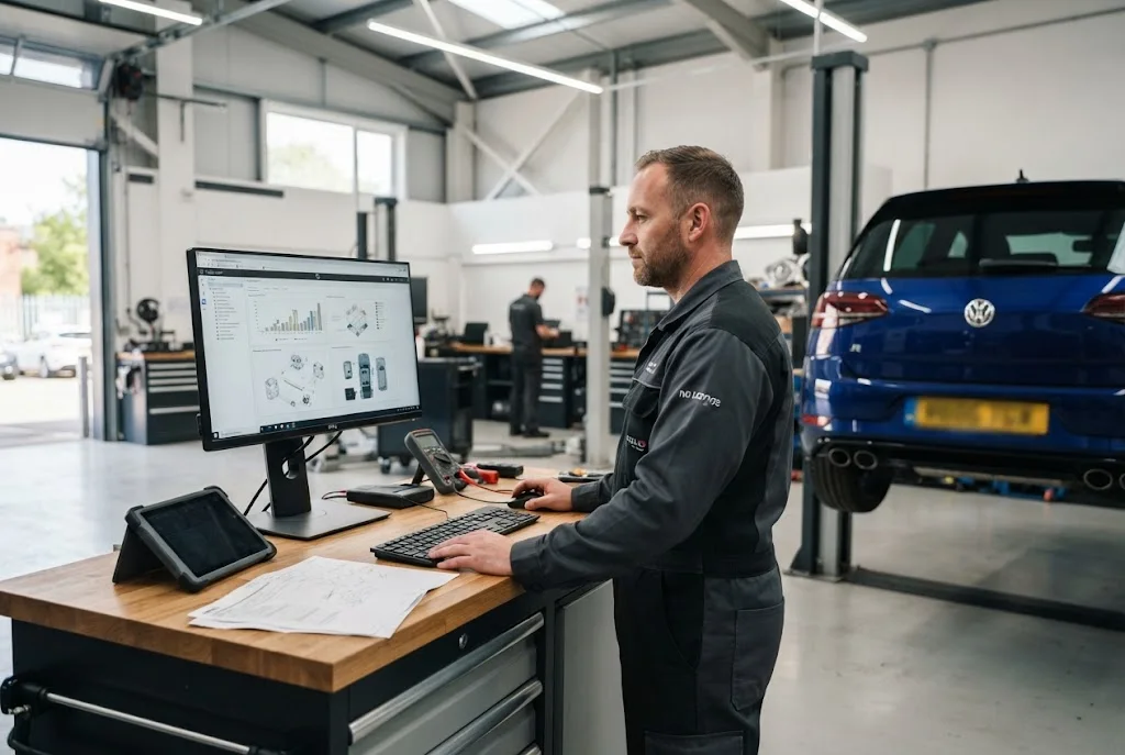 Automotive documentation and service report preparation in a UK garage