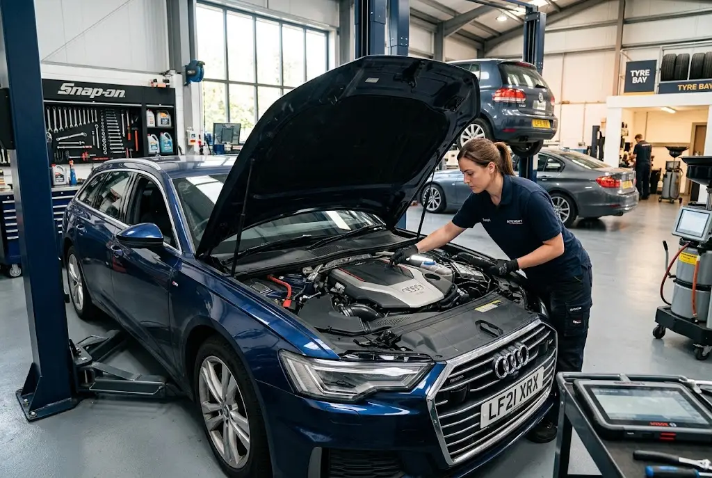 Car servicing UK guide showing a vehicle receiving professional routine maintenance