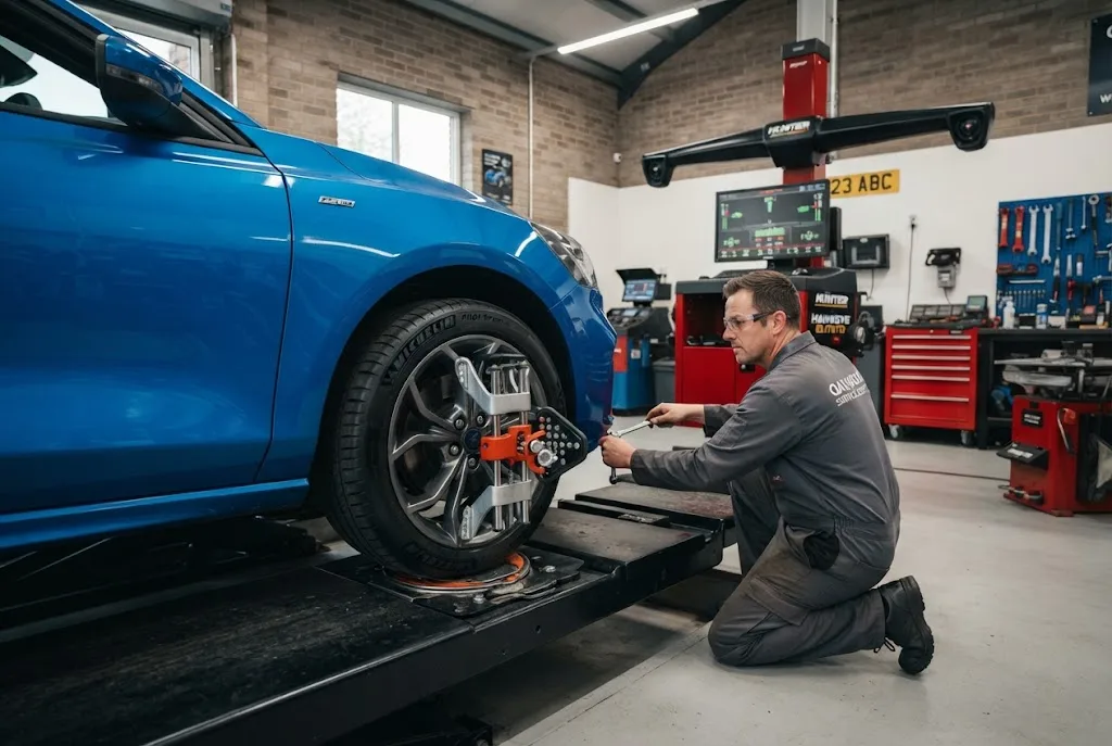 Wheel alignment being checked on a car in a professional UK garage