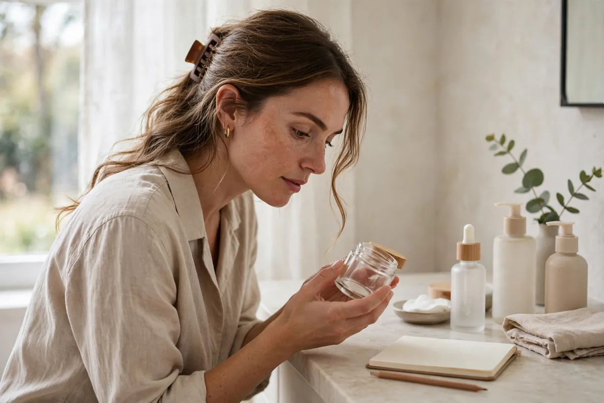 Beauty literacy in practice - a reader checking a cosmetic jar label beside everyday skincare products