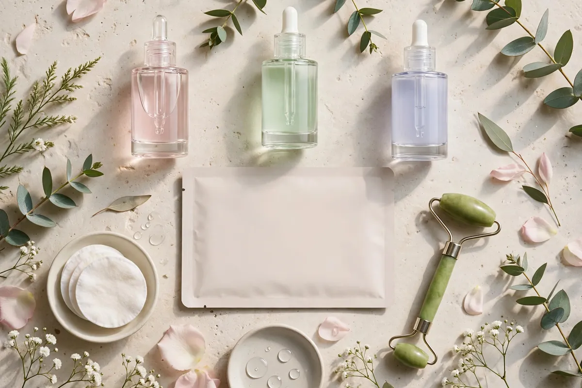 K-beauty terminology illustrated with Korean skincare products including essence bottles and a sheet mask